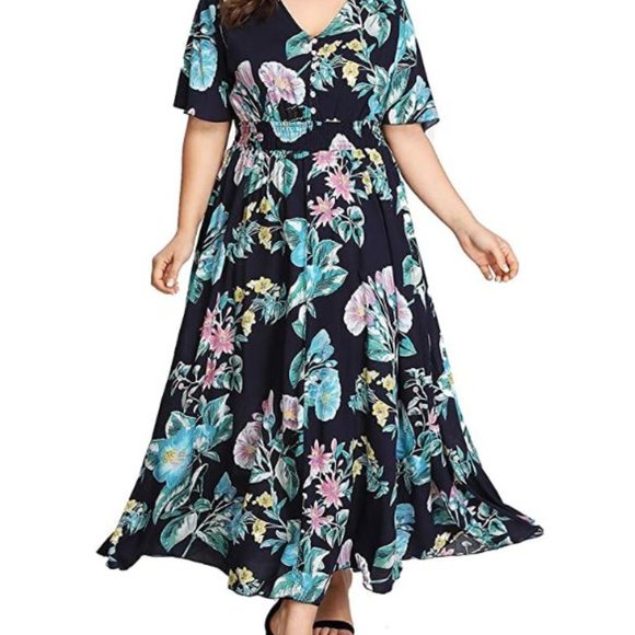 Romwe Plus Size Floral Print Flowy Maxi Dress - Picture 3 of 3